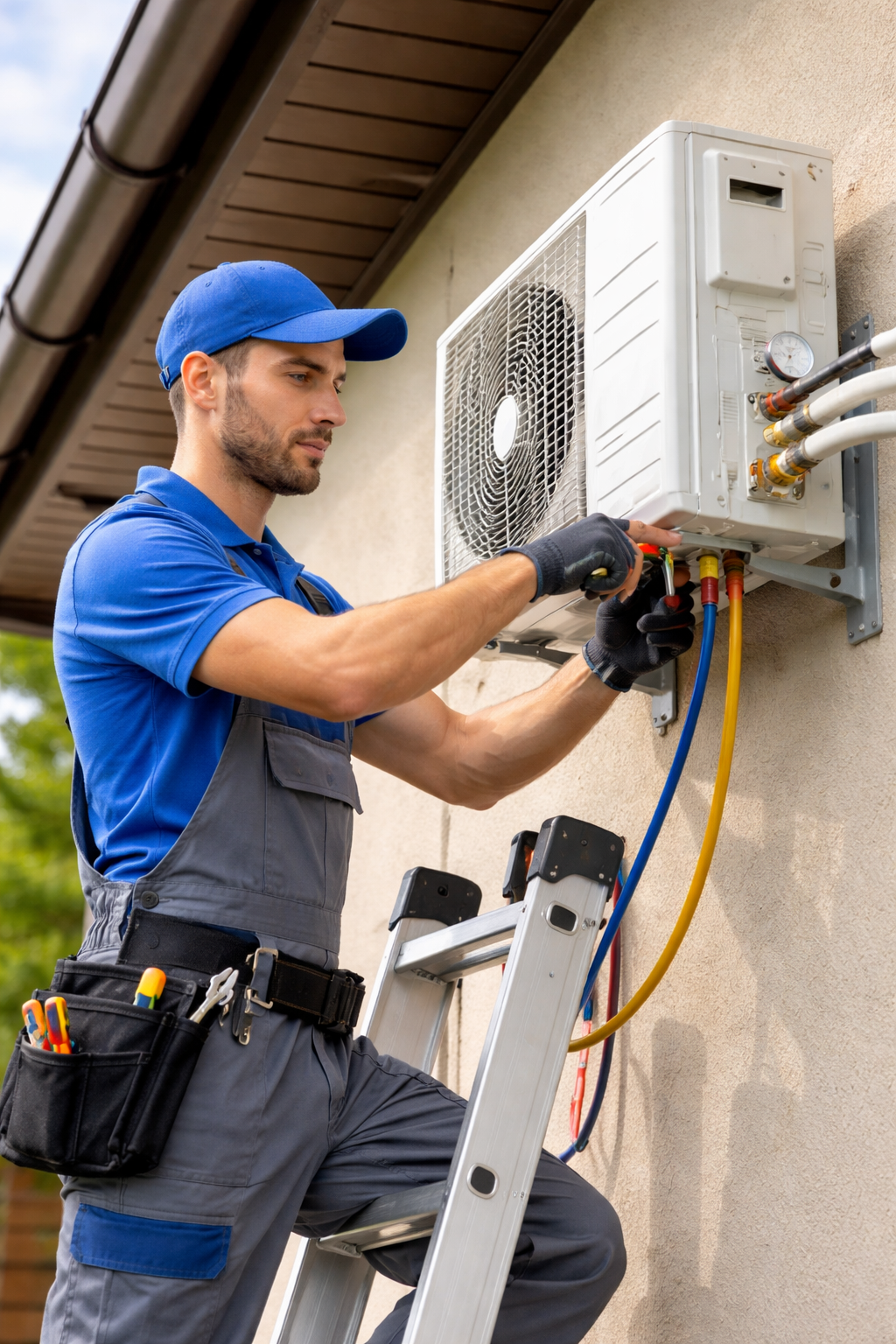HVAC technician servicing outdoor AC unit